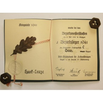 Certificat NSRL pour Bezirkssieger 1941- tennis 3ème.. Espenlaub militaria